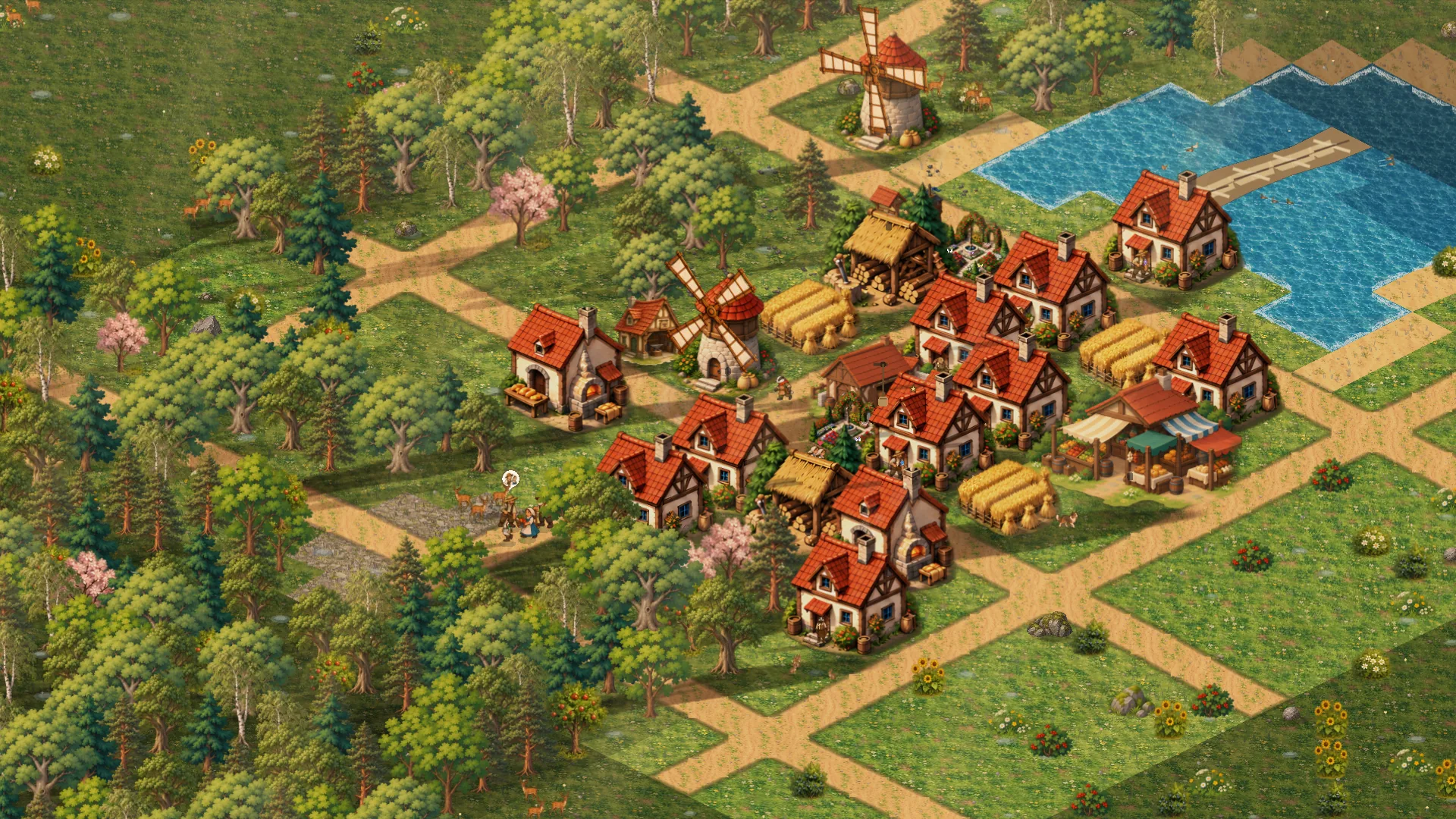 Screenshot from Alderfolk: a village seen from above on a summer evening.