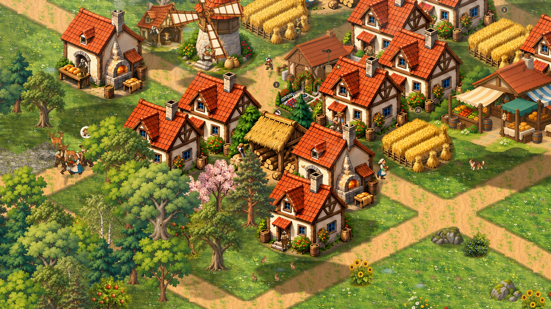 Screenshot from Alderfolk: a bakery, a windmill and wheat fields at the edge of a village.