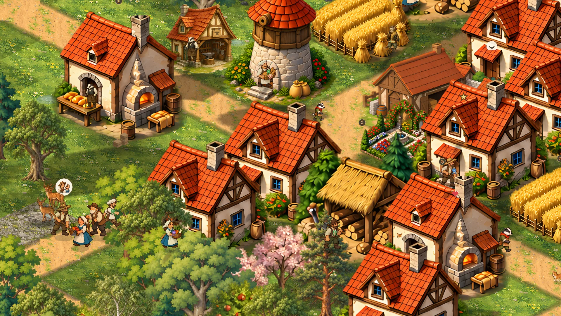 Screenshot from Alderfolk: villagers walking between cottages and a bakery.
