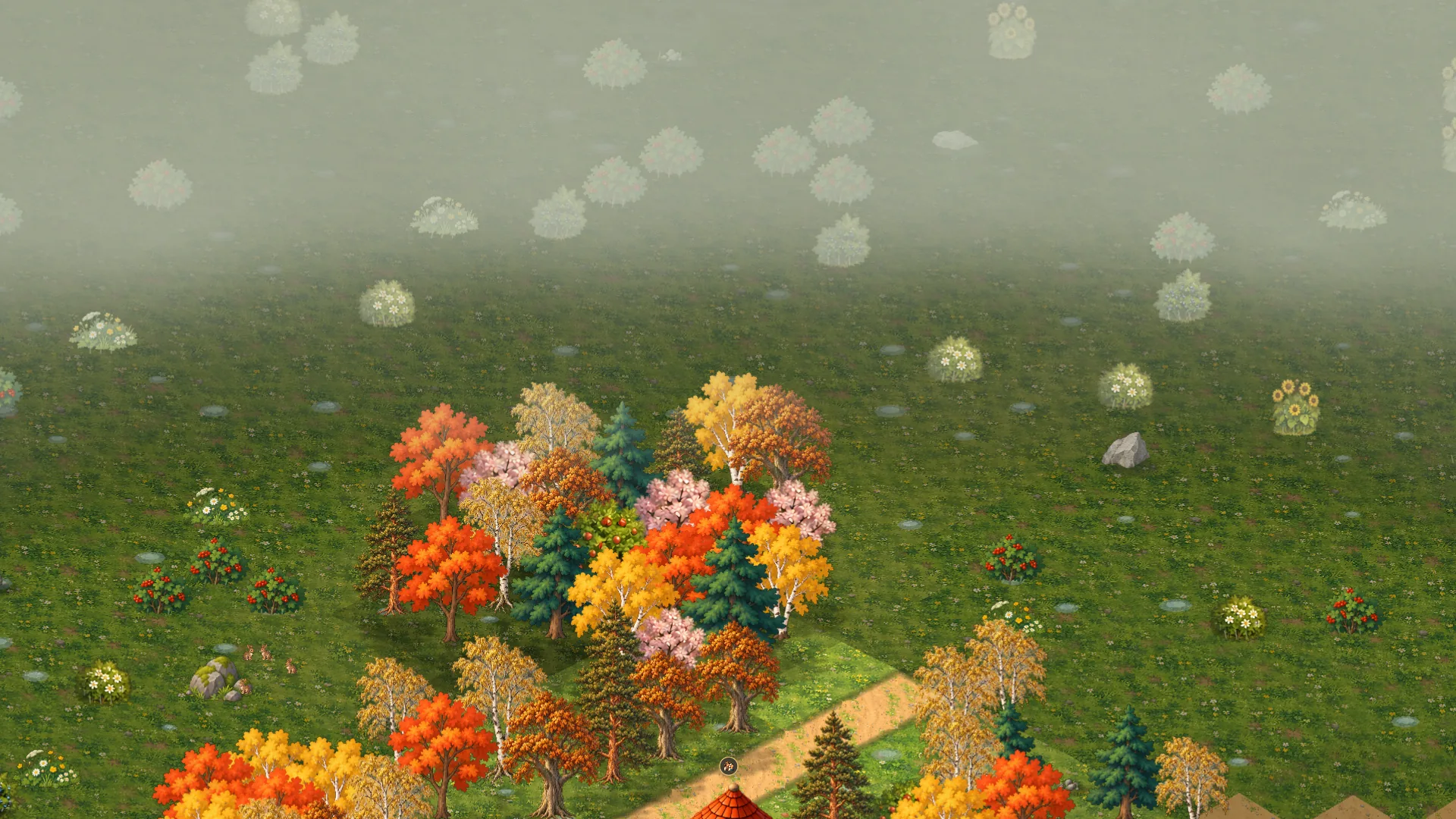 Screenshot from Alderfolk: a grove of autumn trees at the edge of the known land, in mist.